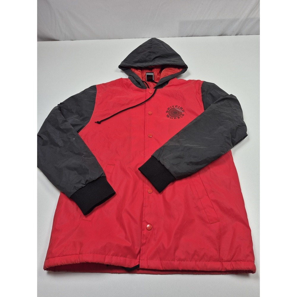 Spitfire Jacket Mens S Red Hooded Quilted Snap Front Skateboarding Wheels Y2K